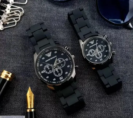 Heavy 2 Pcs Unisex Stainless Steel Chronograph Couple Watches - Round Multicolor Design